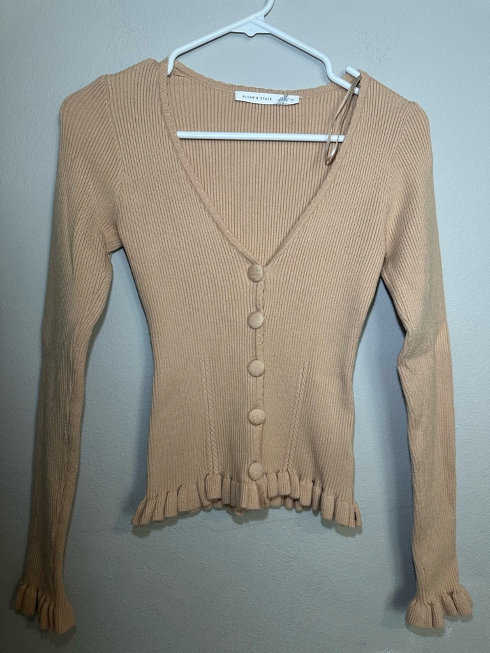 Altar'd State Tan Ribbed Button-Front Ruffle Hem Top - Picture 3 of 7